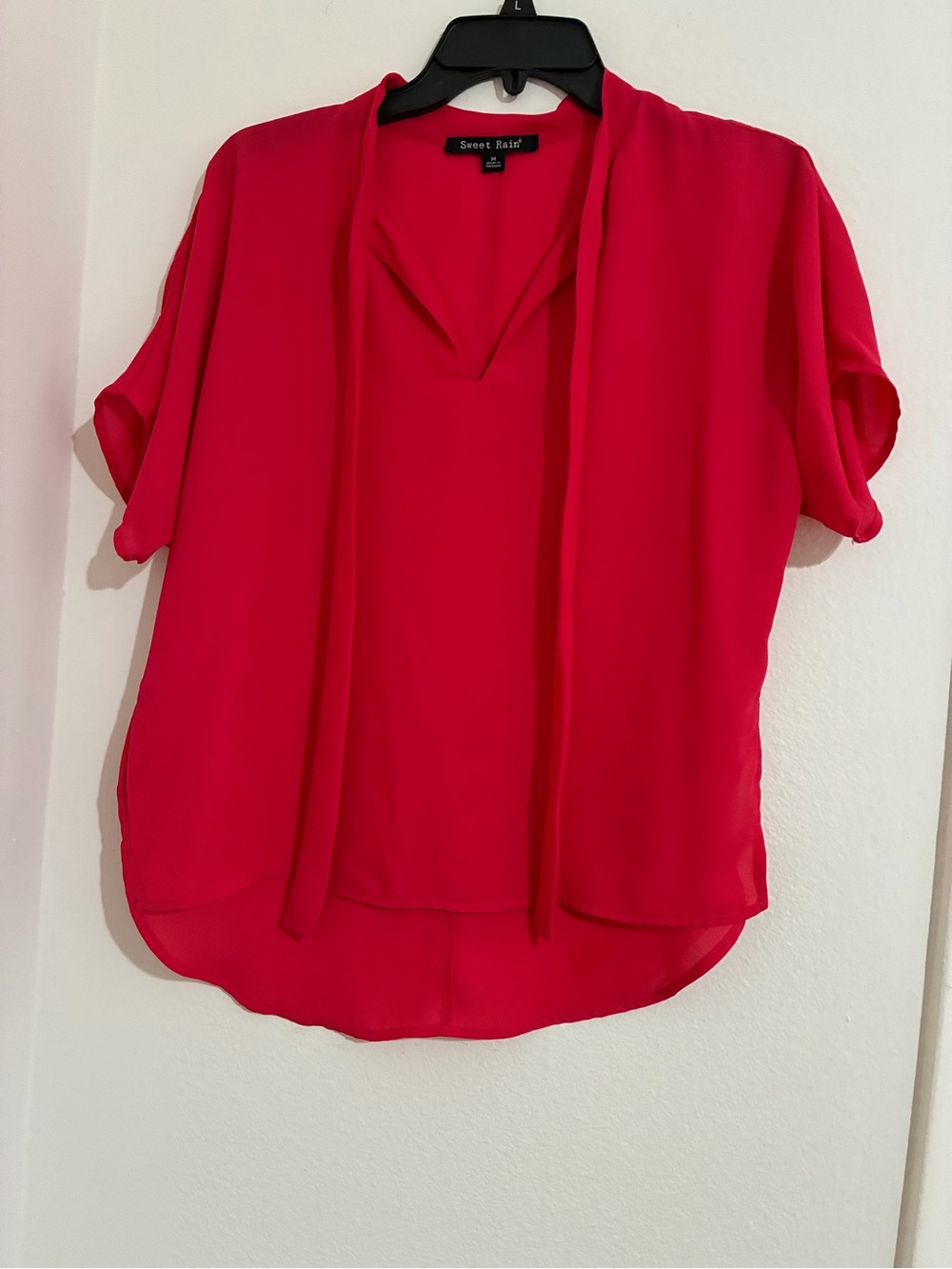Sweet Rain Bright Red Tie-Neck Short Sleeve Blouse